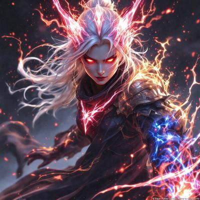 The primary subject of the image is a woman with white hair and a red and black costume. She is wearing a black cape and has a fierce expression on her face. The setting is a dark, possibly demonic, environment. The visual style is digital art, with the woman's eyes glowing red. The colors and mood of the image are intense and dramatic, with the woman's costume and the dark background creating a striking contrast.